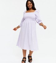 New Look Curves Lilac Gingham Textured Square Neck Midi Dress